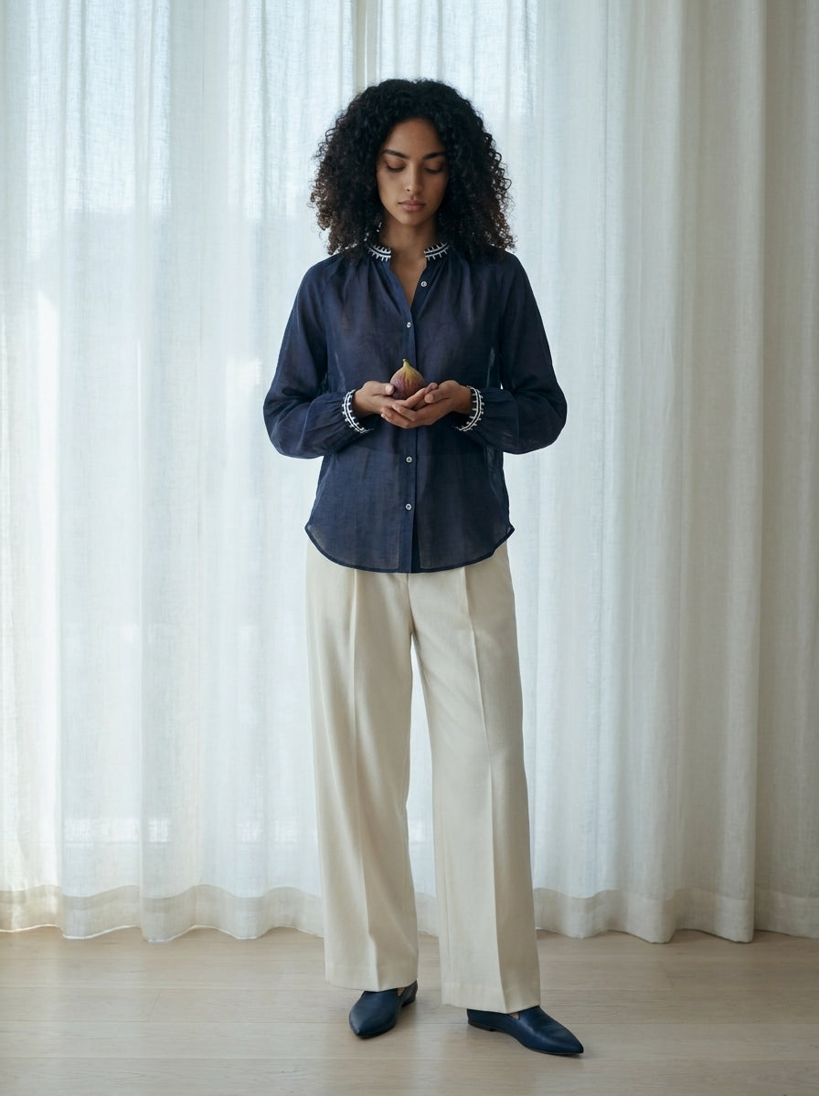 Embroidered Trim Linen Shirt A222