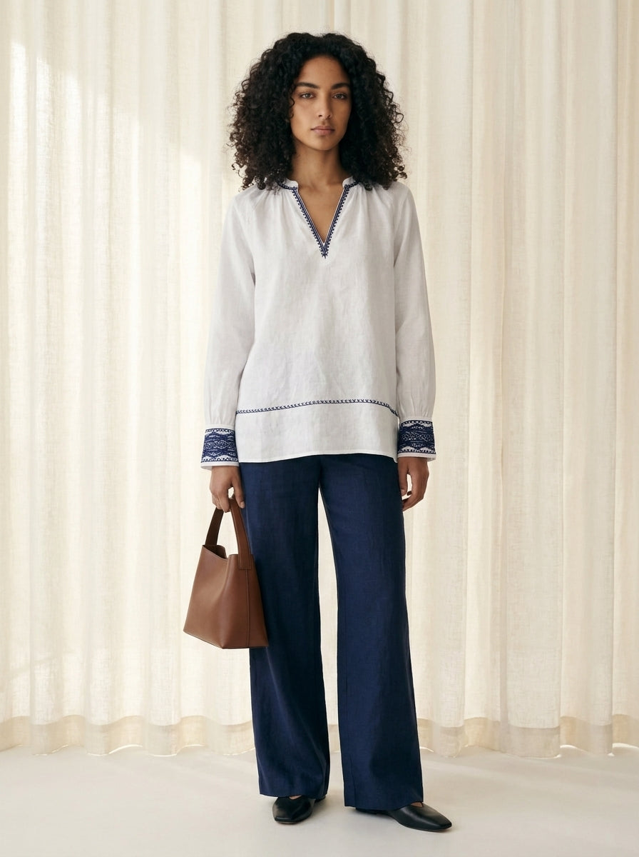 Valeria Signature French Linen Embroidered Top A279