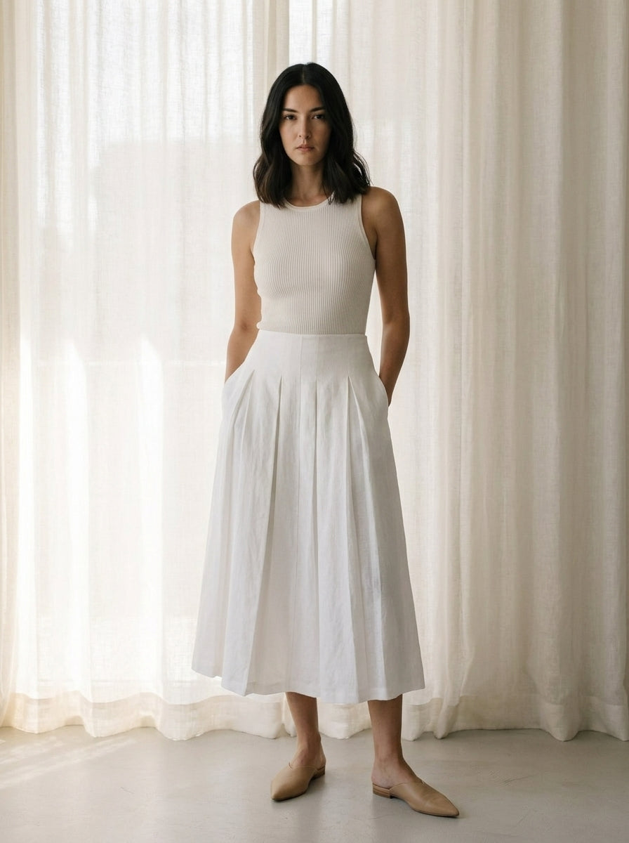 Valeria Resort Linen Pleated Midi Skirt C108
