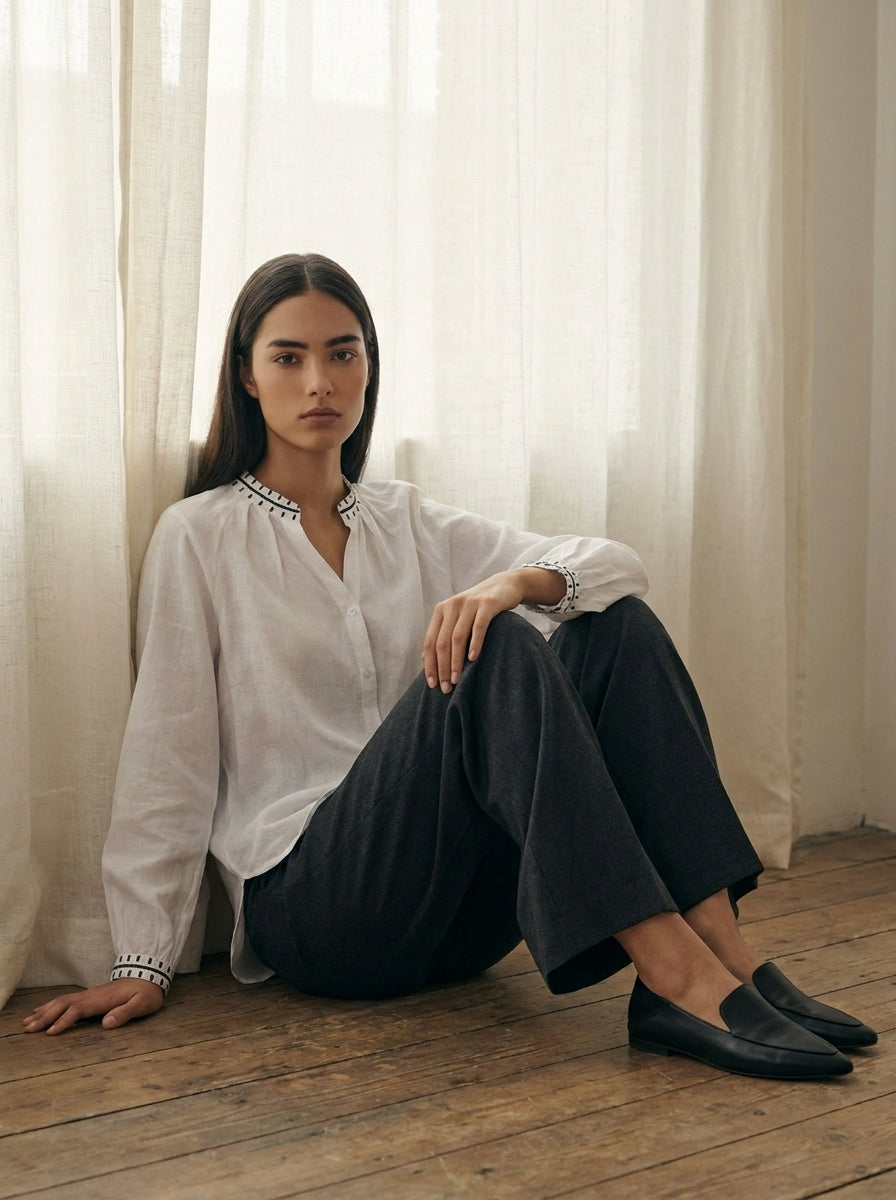 Embroidered Trim Linen Shirt A222