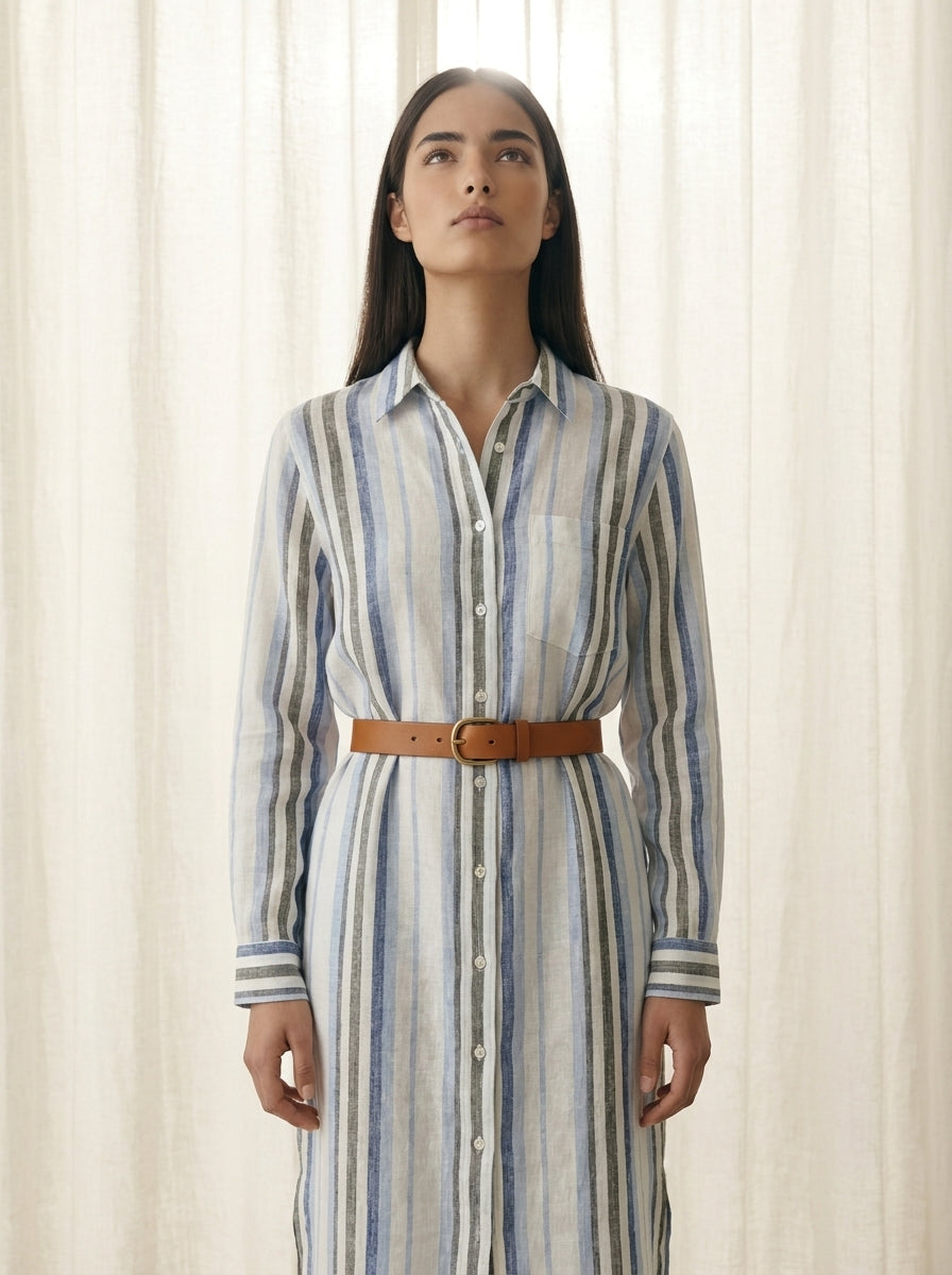 Provence Striped Linen Shirt Dress A230
