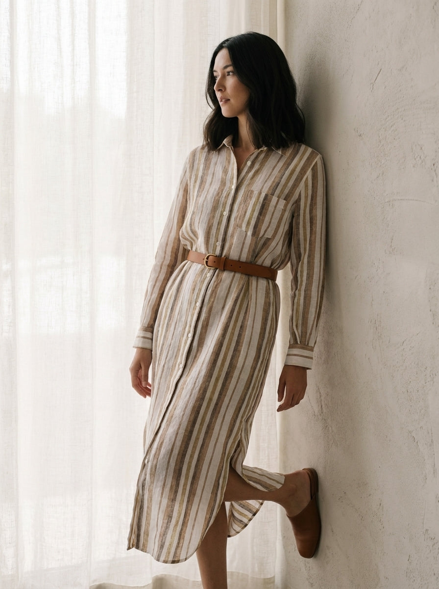 Provence Striped Linen Shirt Dress A230