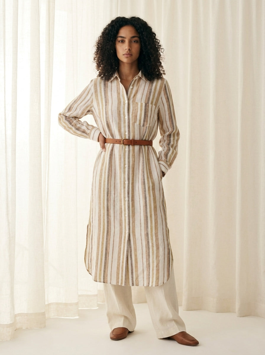 Provence Striped Linen Shirt Dress A230