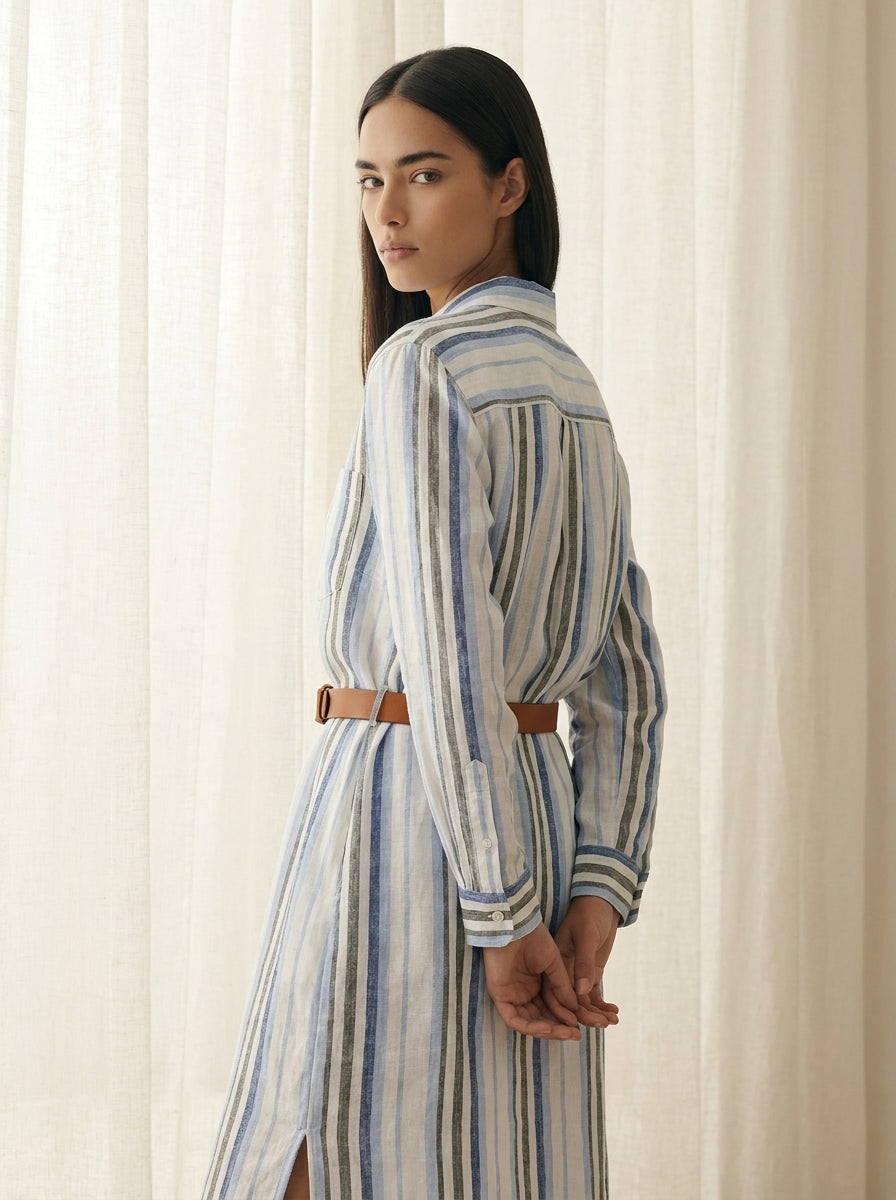 Provence Striped Linen Shirt Dress A230