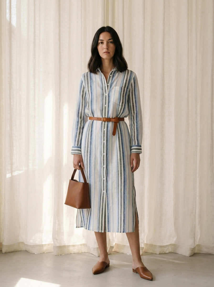 Provence Striped Linen Shirt Dress A230