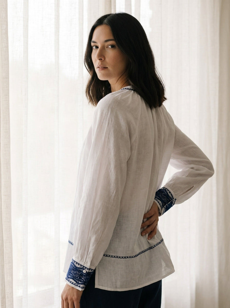 Valeria Signature French Linen Embroidered Top A279