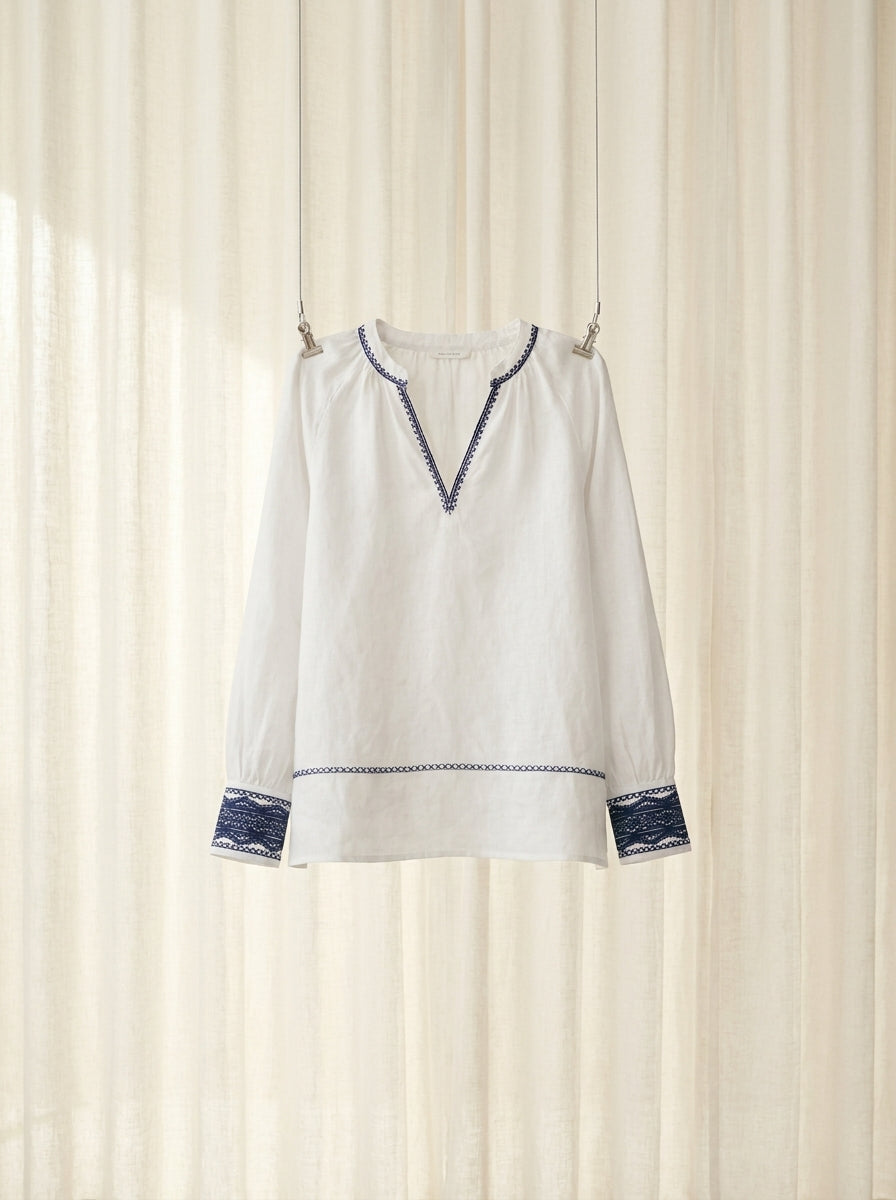 Valeria Signature French Linen Embroidered Top A279
