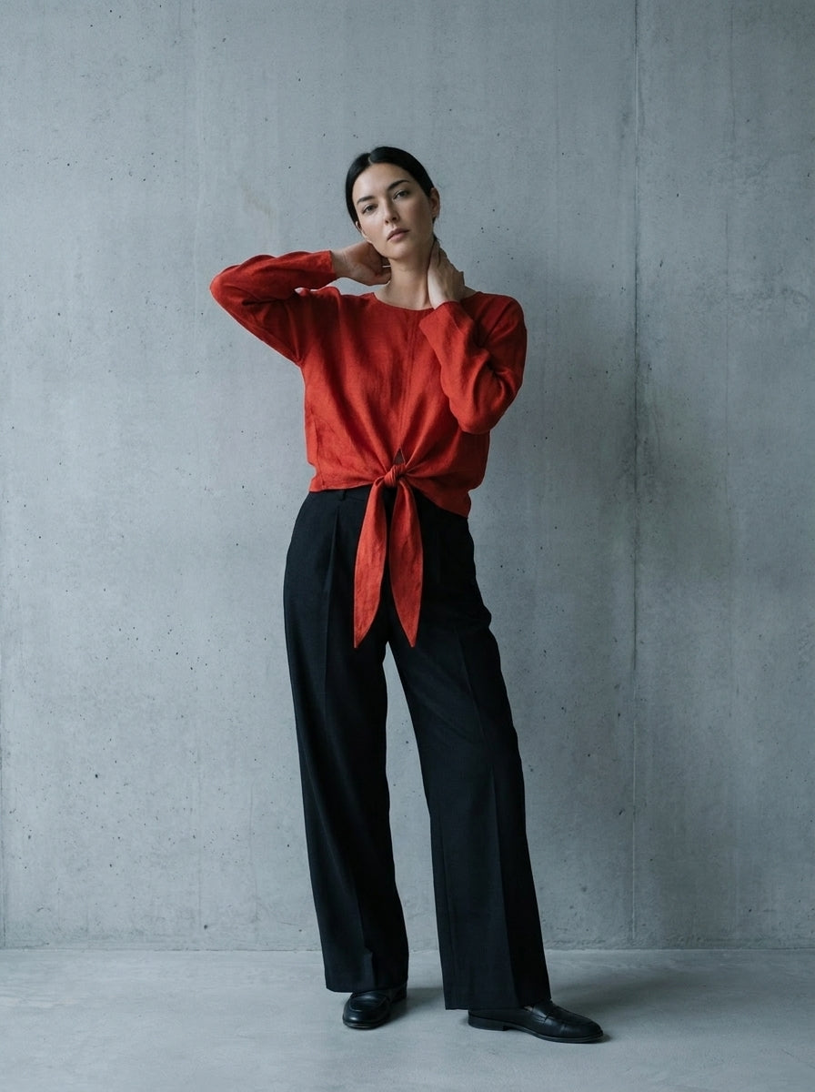 Valeria Tie-Front Linen Long Sleeve Top A370