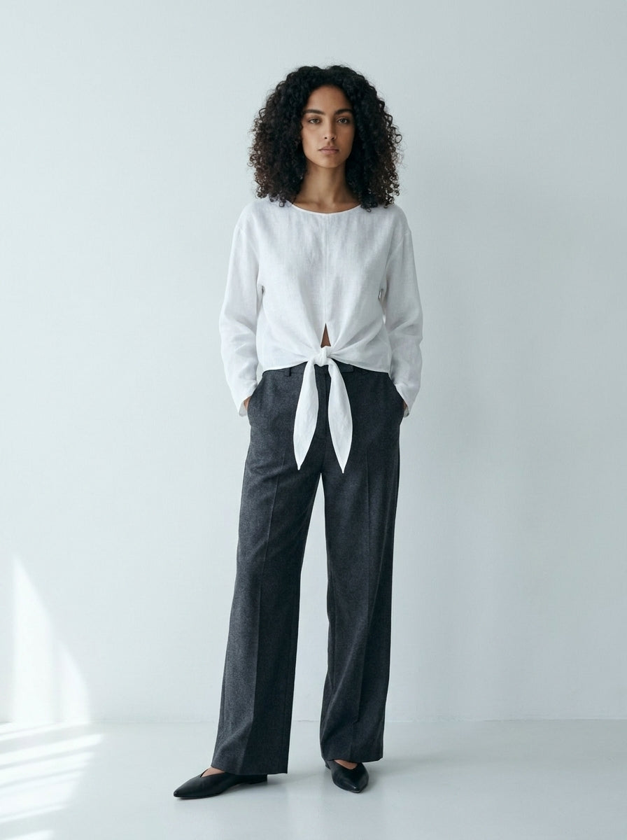 Valeria Tie-Front Linen Long Sleeve Top A370