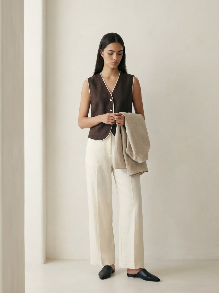 Valeria Contrast Trim Linen Vest A389
