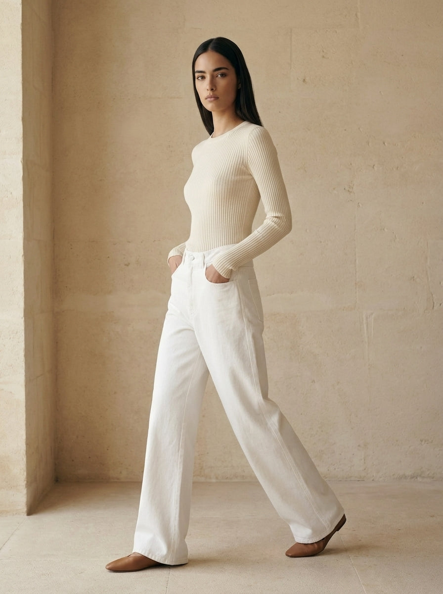 Valeria Minimalist Cotton White Denim Trousers B200B121