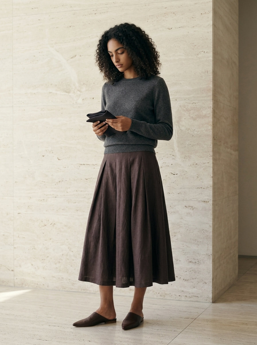Valeria Resort Linen Pleated Midi Skirt C108