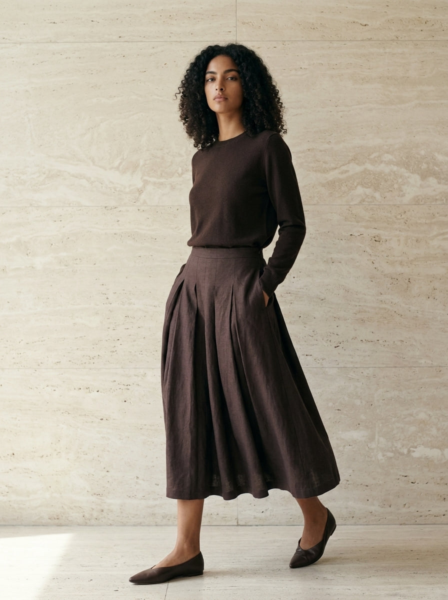 Valeria Resort Linen Pleated Midi Skirt C108