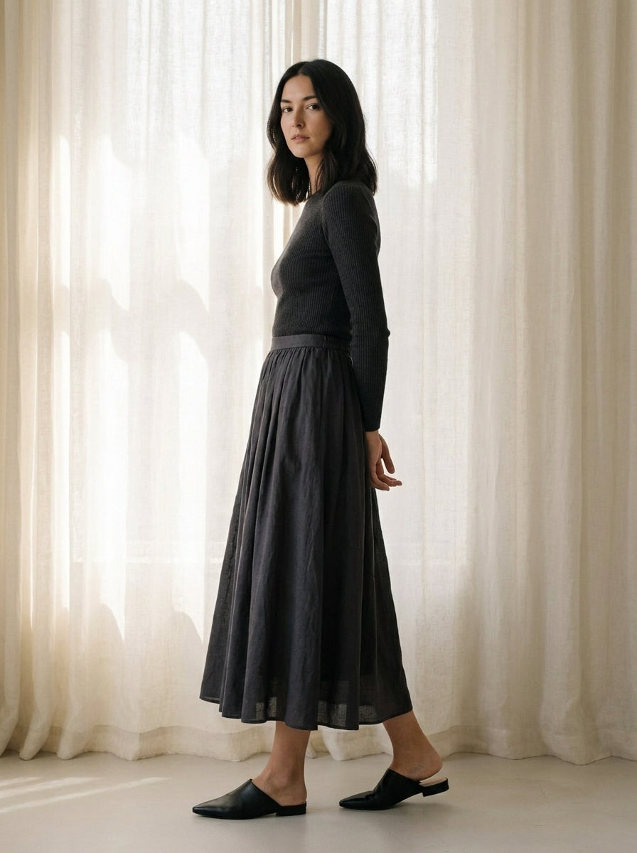 Valeria Natural Ramie Air-Flow Midi Skirt C122
