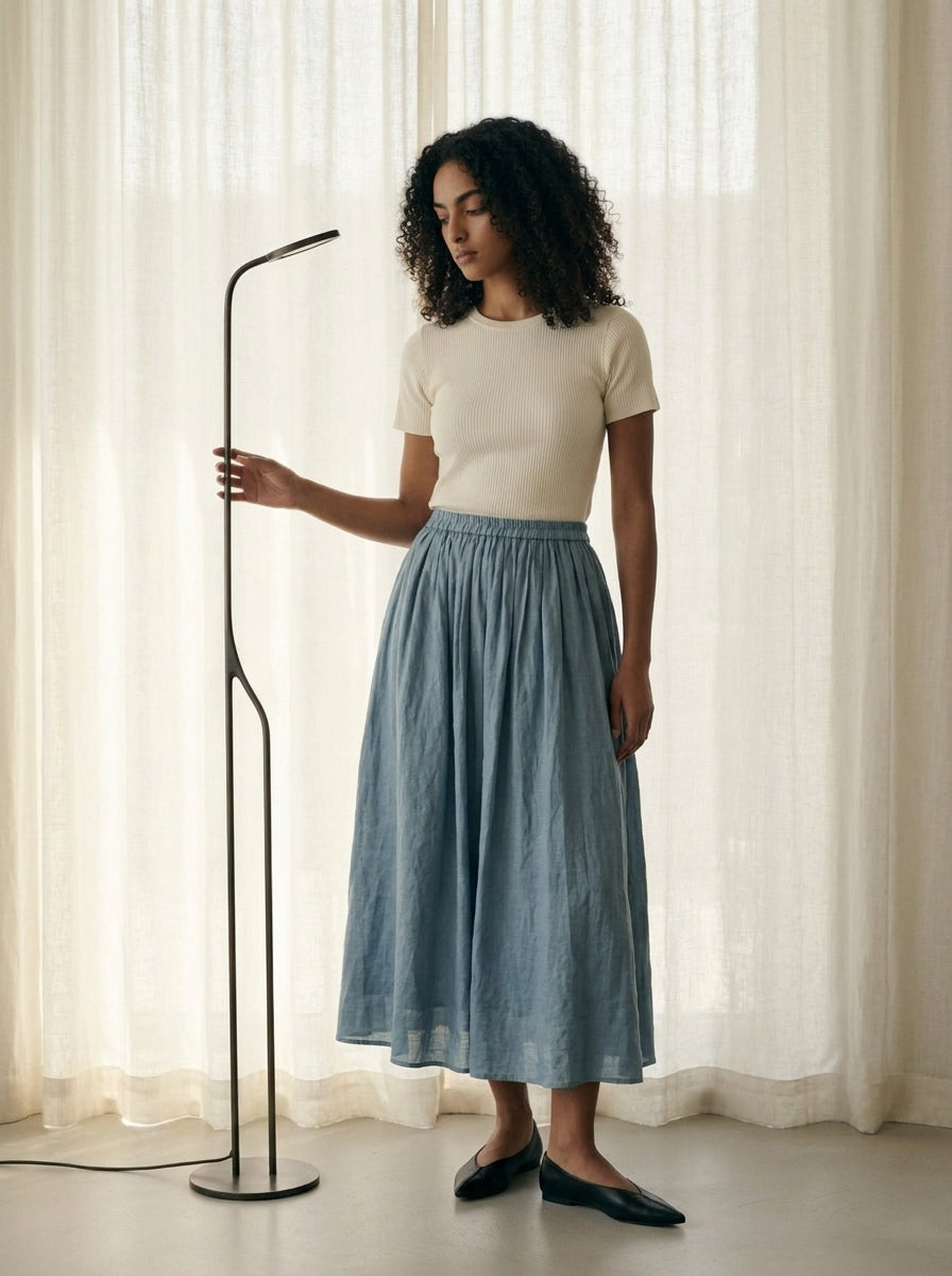 Valeria Natural Ramie Air-Flow Midi Skirt C122