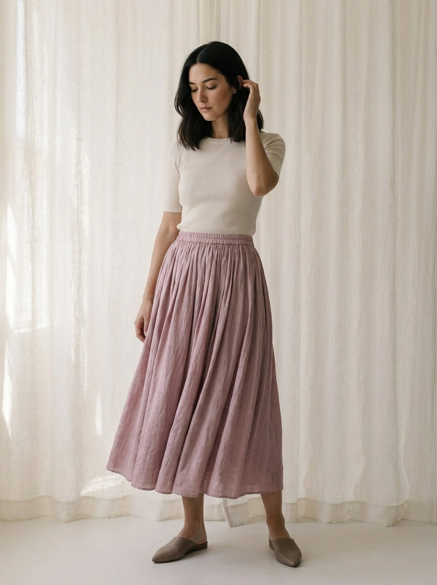 Valeria Natural Ramie Air-Flow Midi Skirt C122