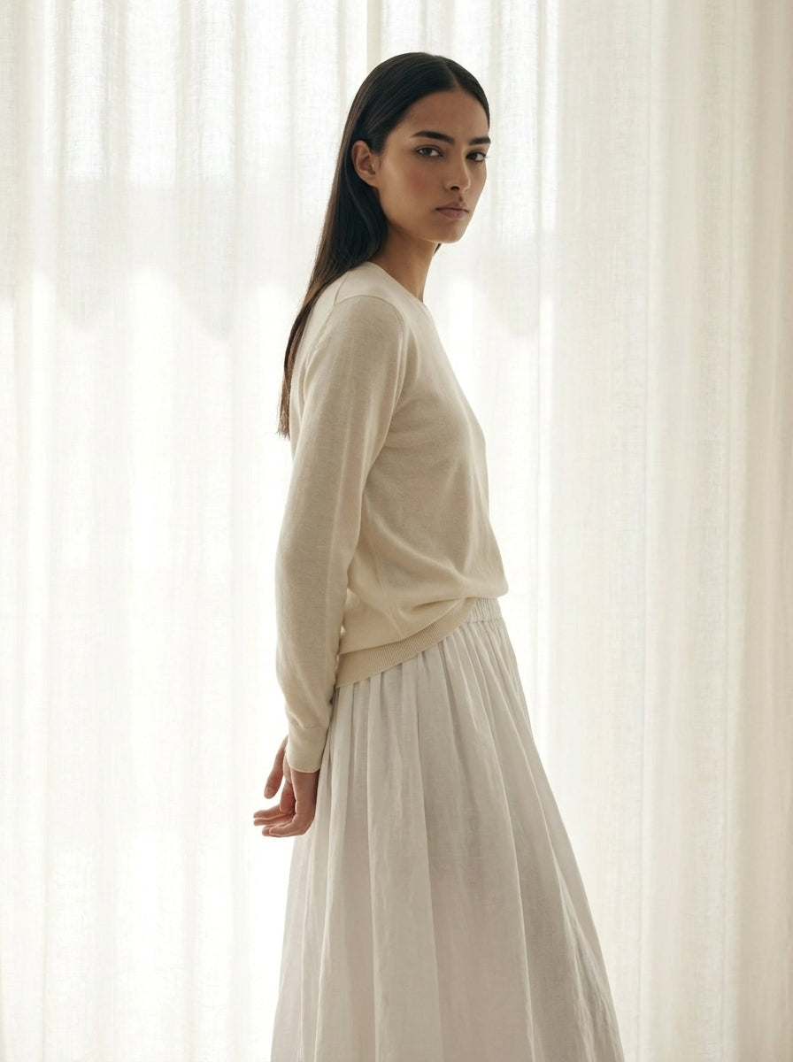 Valeria Natural Ramie Air-Flow Midi Skirt C122
