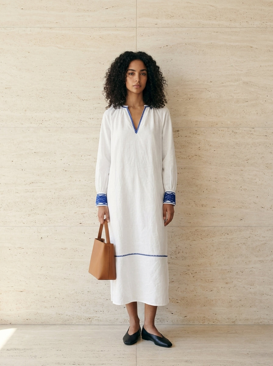 Mediterranean Embroidered Linen Kaftan D66