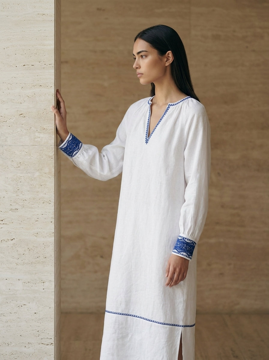 Mediterranean Embroidered Linen Kaftan D66