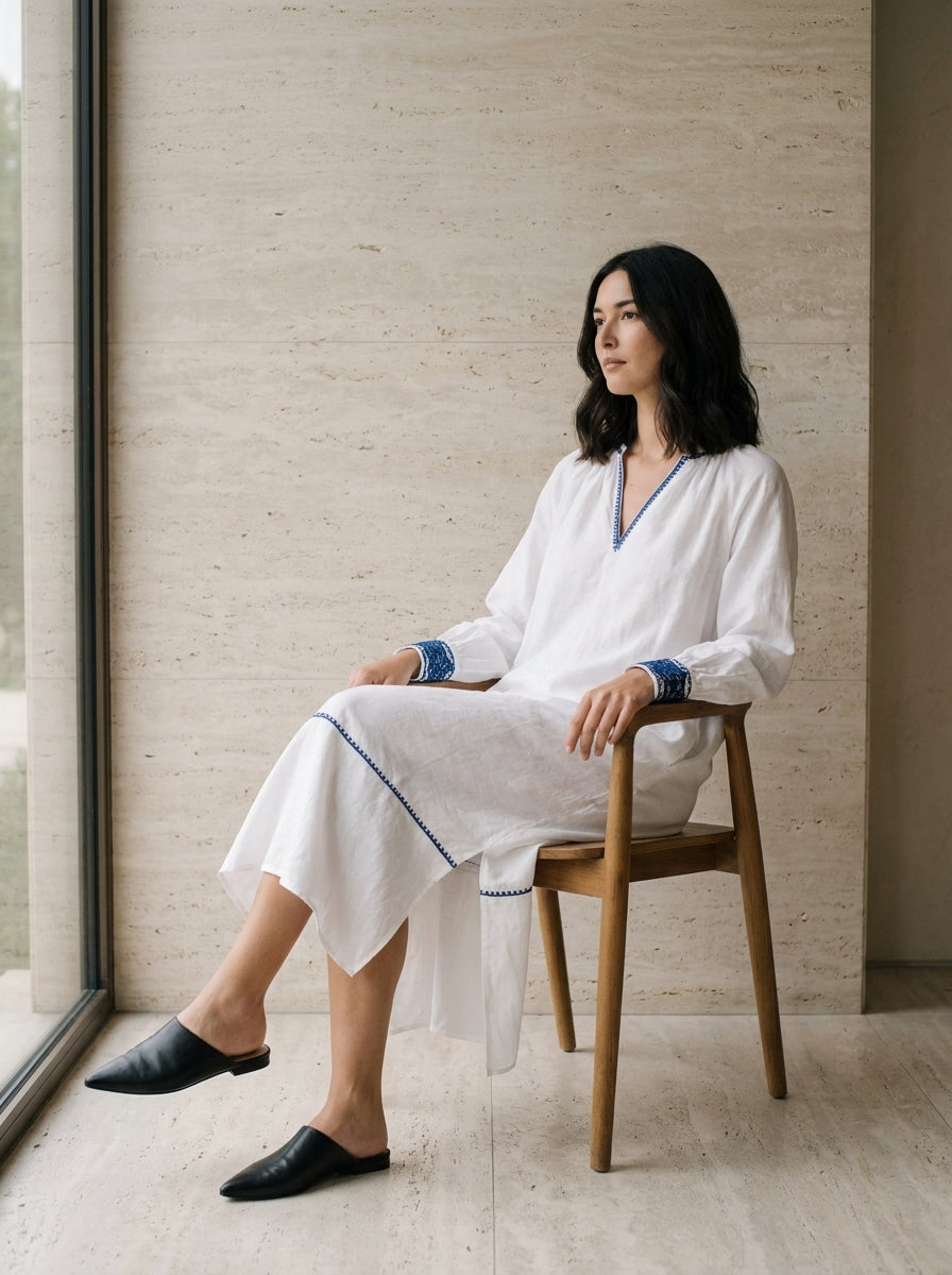 Mediterranean Embroidered Linen Kaftan D66