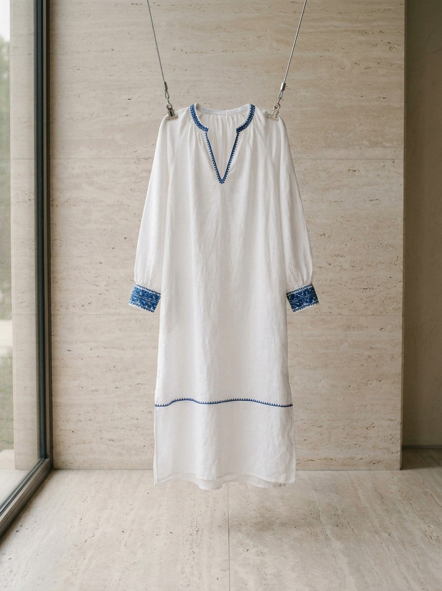 Mediterranean Embroidered Linen Kaftan D66