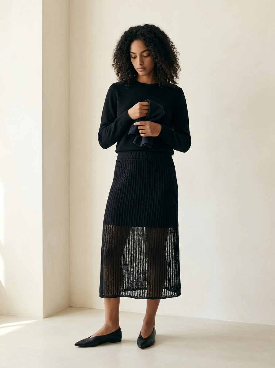 Valeria Flowy Linen Knit Midi Skirt M93