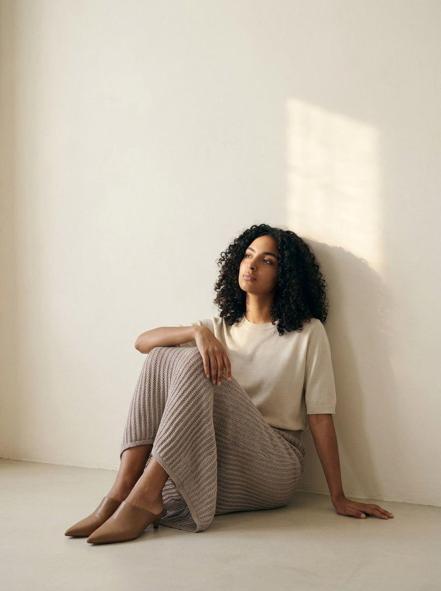 Valeria Flowy Linen Knit Midi Skirt M93