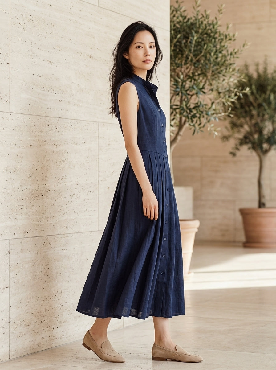 Valeria Pleated Linen Shirt Dress D96