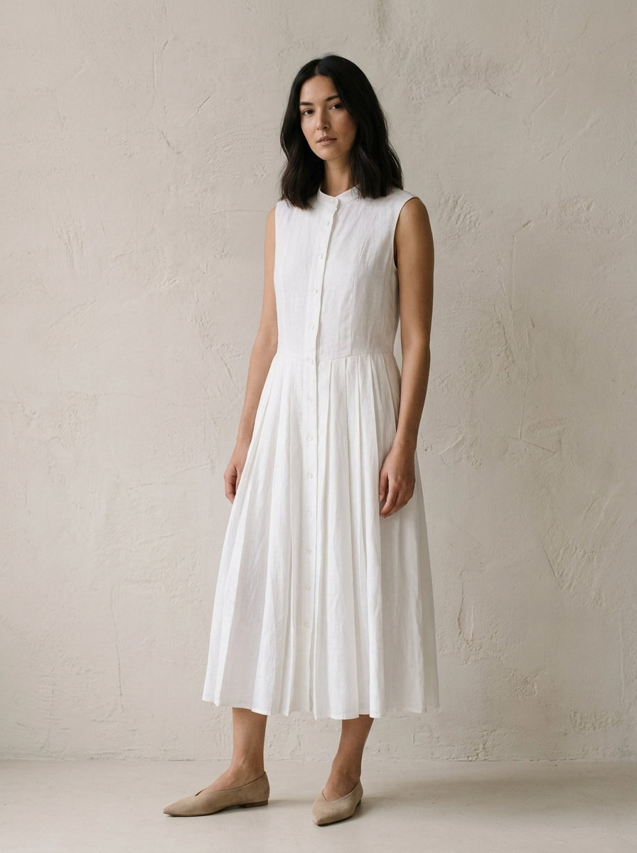 Valeria Pleated Linen Shirt Dress D96