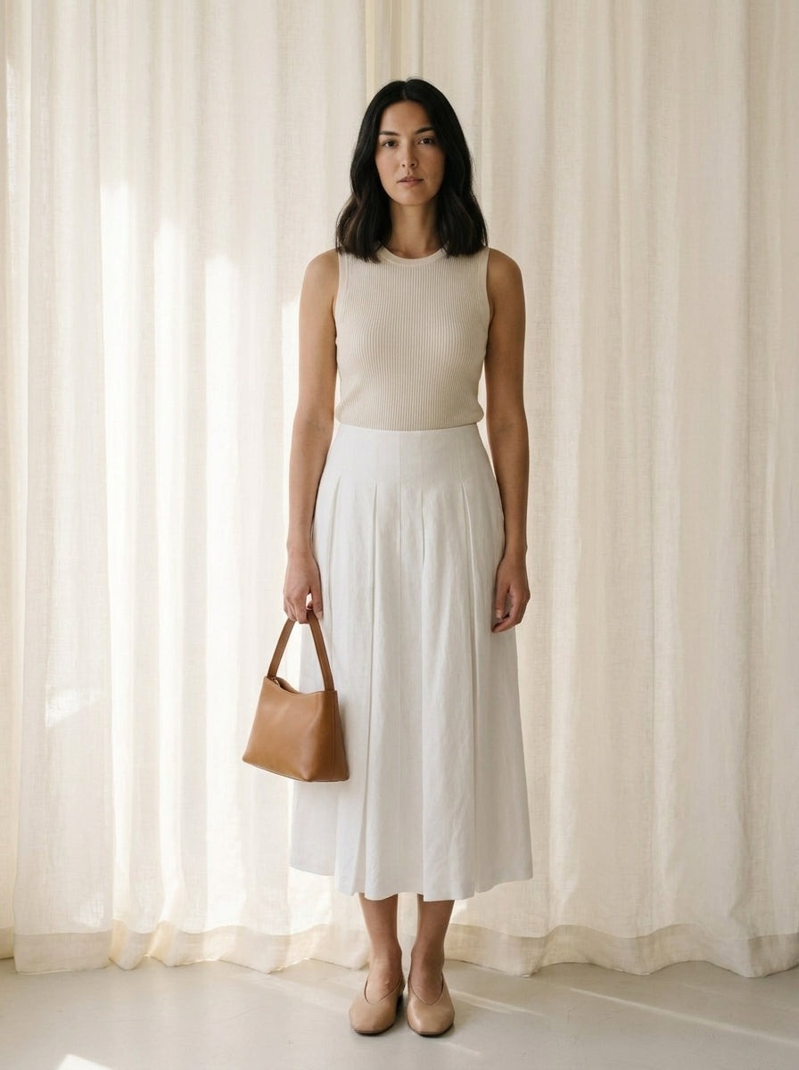Valeria Resort Linen Pleated Midi Skirt C108