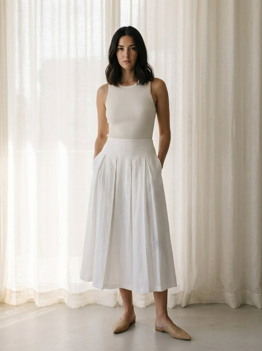 Valeria Resort Linen Pleated Midi Skirt C108